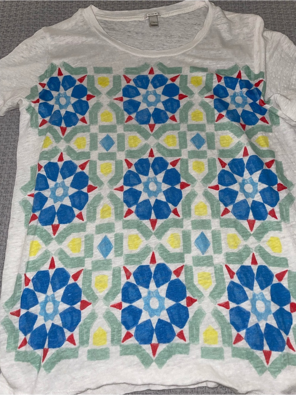 J. Crew White Short Sleeve Tee with Blue, Red, Green & Yellow Geometric Print